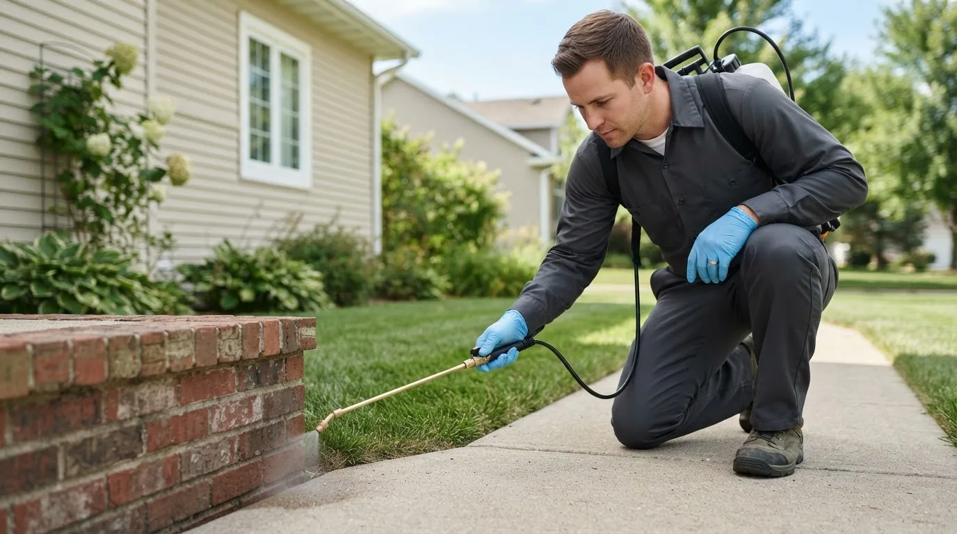 Pest control technician treating a home near Charlton, MA
